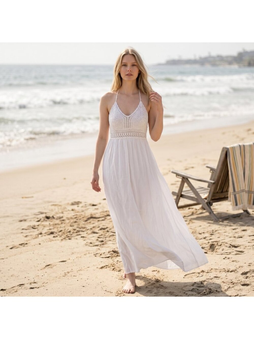 White Maxi Halter Dress Crochet Boho Festival Beach Vacation Bride Large Lined